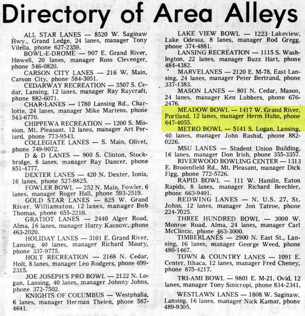 Wagon Wheel (Meadow Bowl Lanes) - 1974 Listing Of Area Lanes